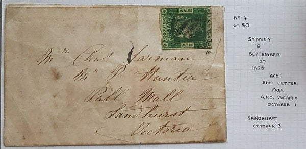 NSW -Sandhurst Victoria 3d Laureate SG 87 on cover from Sydney Se 27 1856