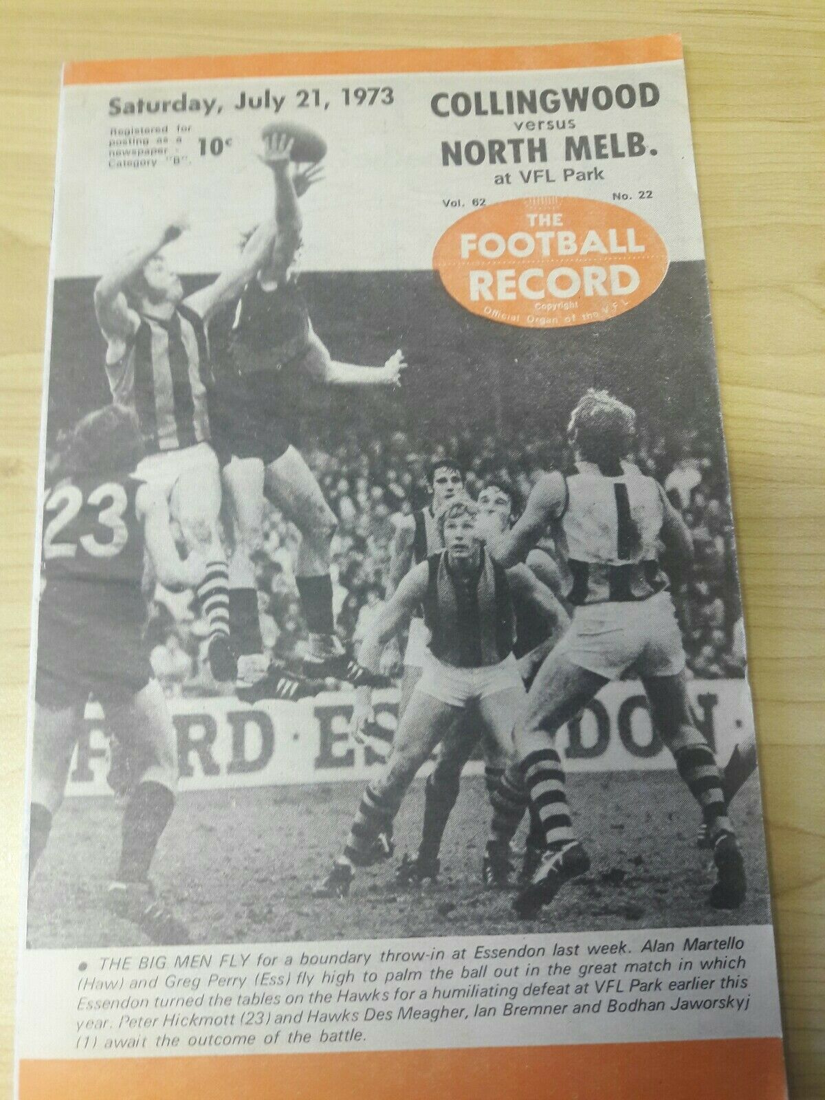 VFL 1973 Football Record July 21 Collingwood v North Melbourne