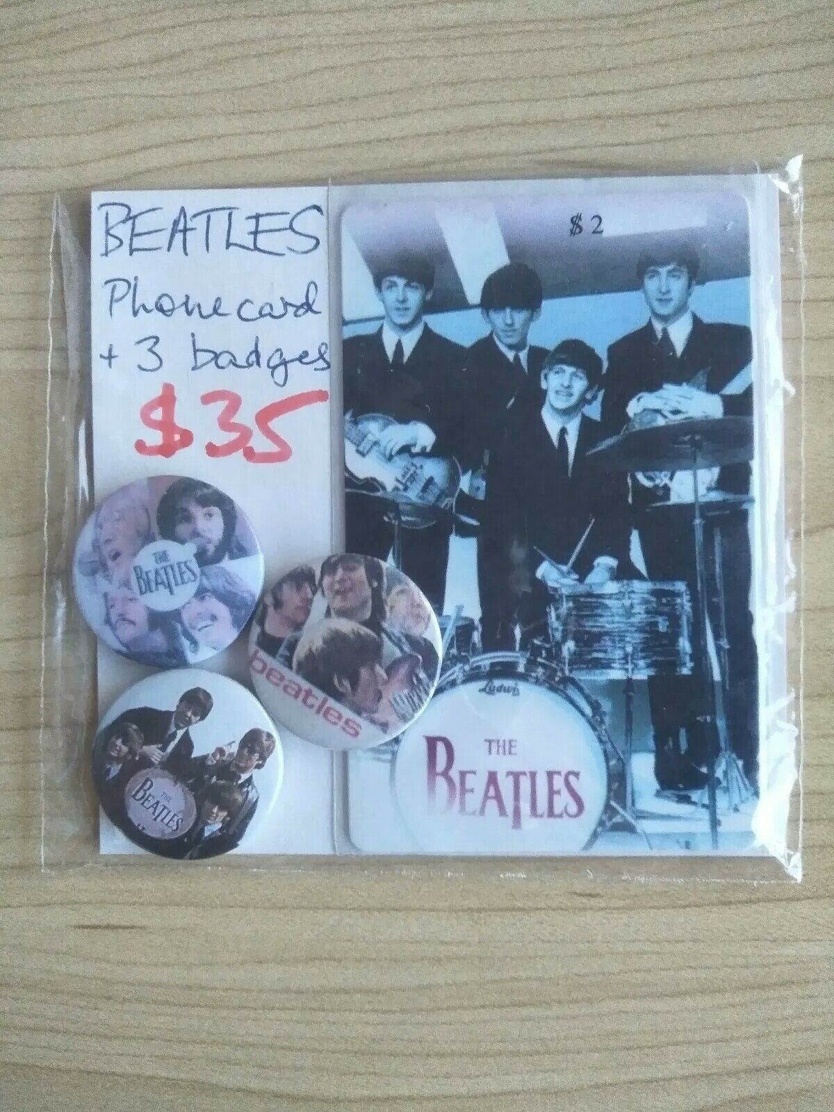Beatles Phone Card And 3 Badges