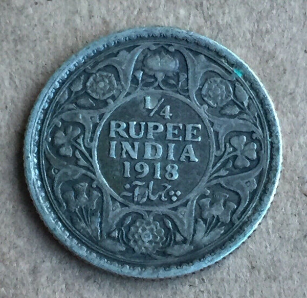 India KGV 1918 1/4 Quarter Silver Rupee. Fine Condition.