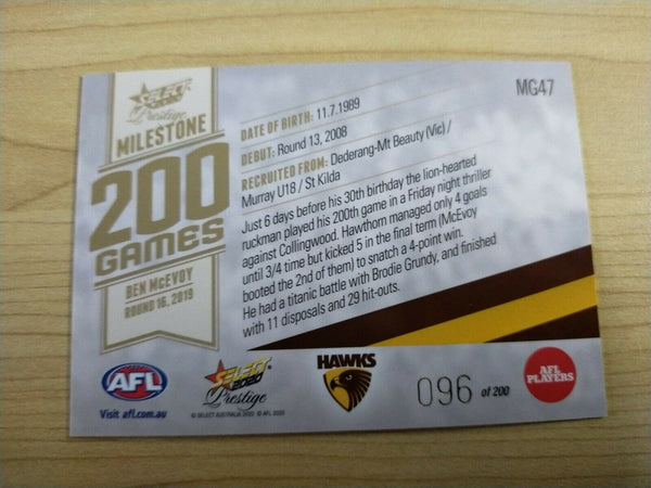 2020 Select Prestige Milestones Ben McEvoy Hawthorn No.096/200