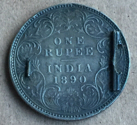 India Queen Victoria 1890 Silver Rupee With Remains Of Broach Mount.