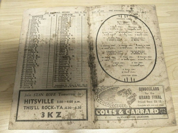 VFL 1959 September 19 Football Record Preliminary Final Essendon v Carlton
