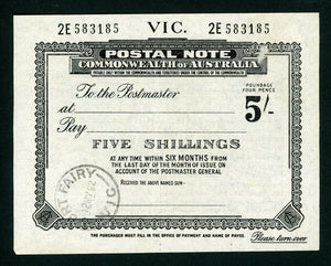 Australia Victoria 5/- Postal Note banknote postal stationery Port Fairy 1952