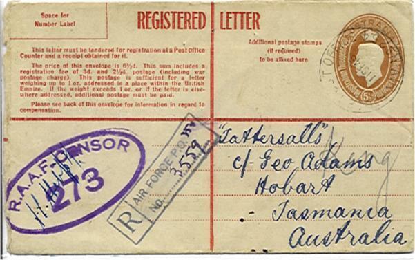 Australia BCOF Japan 5½d Registered Envelope Postal Stationery to Hobart HG35