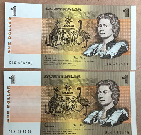 Australia 1982 R78 $1 Johnston/Stone Pair Same Serial Number and sequential lettering DLG498509 & DLH498509