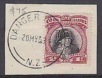 Cook Islands New Zealand 1d Captain Cook on 1934 piece posted DANGER ISLAND/NZ