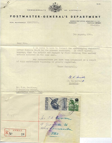 Papua New Guinea - Tasmania registered letter damaged in post + apology letter