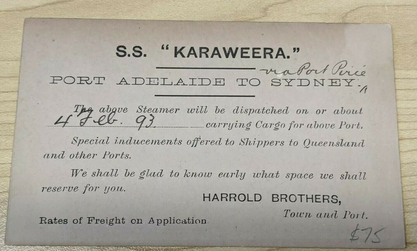 SA South Australia 1d Postcard S.S. Karaweera Freight Shipping Mail