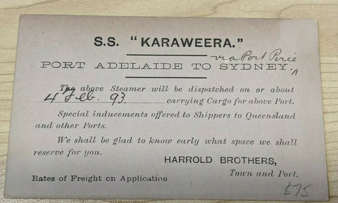 SA South Australia 1d Postcard S.S. Karaweera Freight Shipping Mail