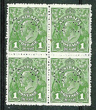 Australia SG O85 1d sage-green KGV no wmk Block of 4  MLH , 2 MUH