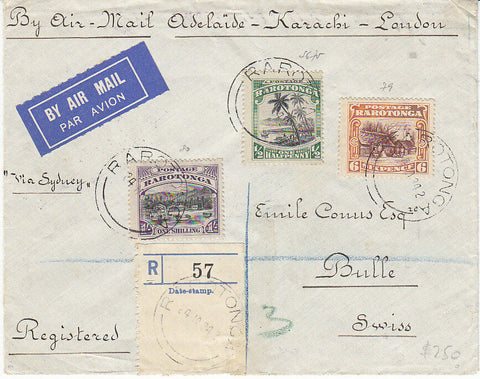 Cook Islands 1934 First Flight Cover Rarotonga to Switzerland. Rare intermediate