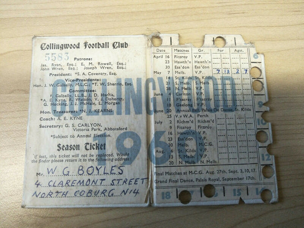 VFL 1960 Collingwood Football Club Season Ticket No. 5583