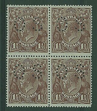 Australia SG O69 1½d deep red-brown KGV perforated OS Block of 4 M