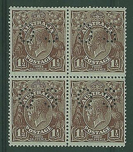 Australia SG O69 1½d deep red-brown KGV perforated OS Block of 4 M