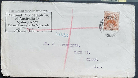 NSW SA 4d Cook SG 357 on registered Edison Phonograph advertising cover. Scarce