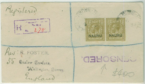 Nauru SG 12  1/- GB opt pair on Censored Registered Letter to GB