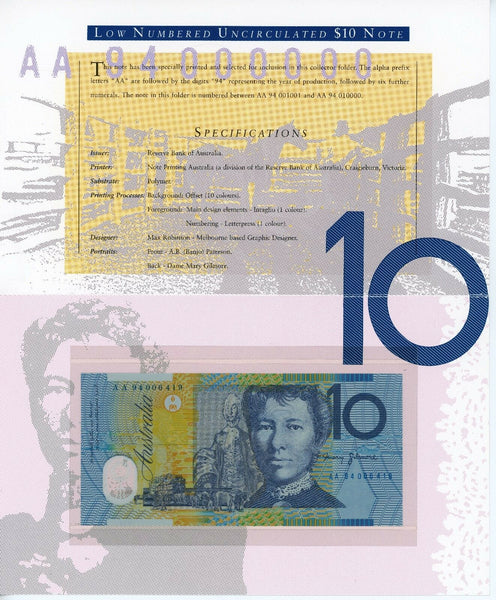 Australia 1994 $5 and $10 Banknotes Matching Serial Numbers In deluxe official folders.