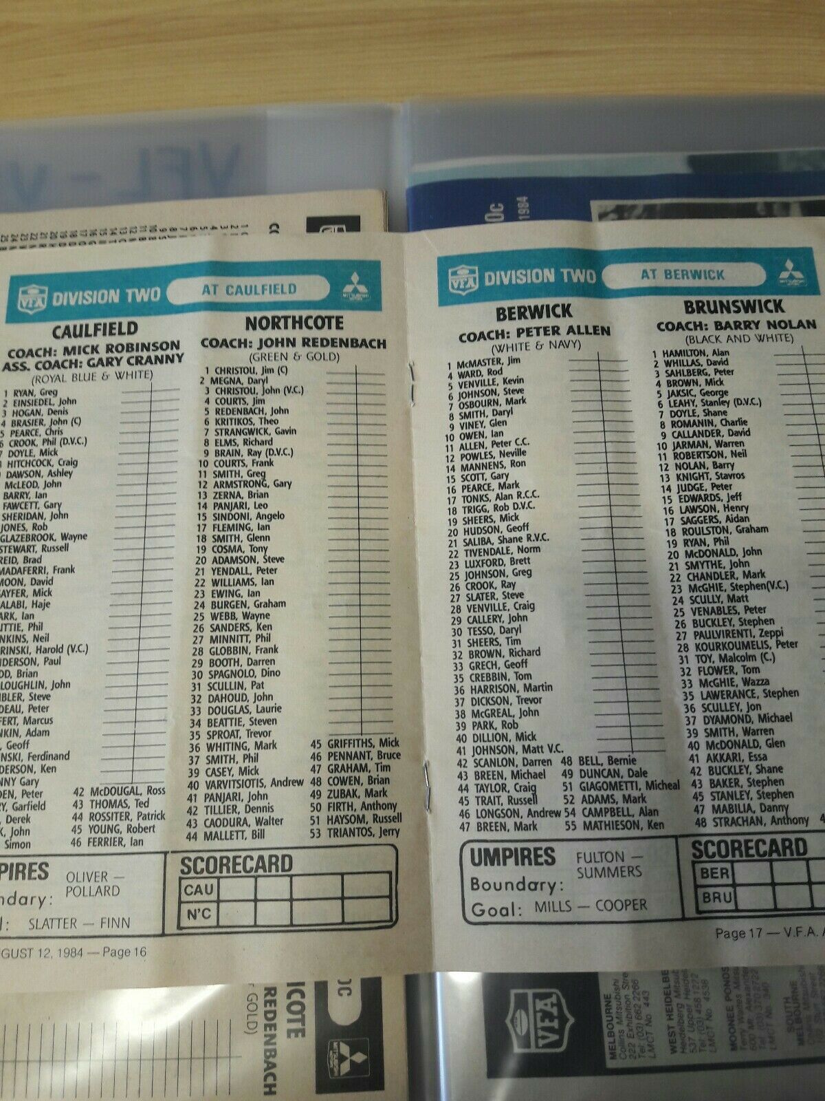 Football 1984 VFA Victorian Football Association Record Magazine, August 12 Berwick v Brunswick
