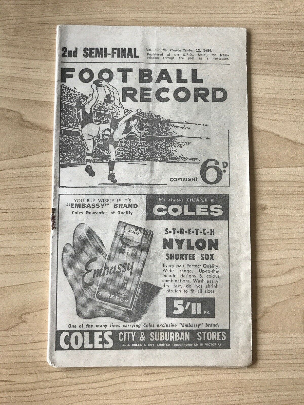 VFL 1959 2nd Semi-final Football Record September Melbourne vs. Carlton