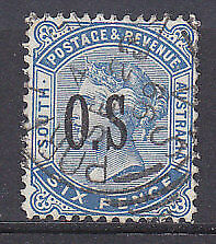 SA Australian States SG O72a 6d blue optd OS No stop after "S" error Used.