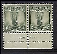 Australia SG 174 1s. Grey-green Lyre bird Perf 14x13½ in Ash Imprint pair. MUH