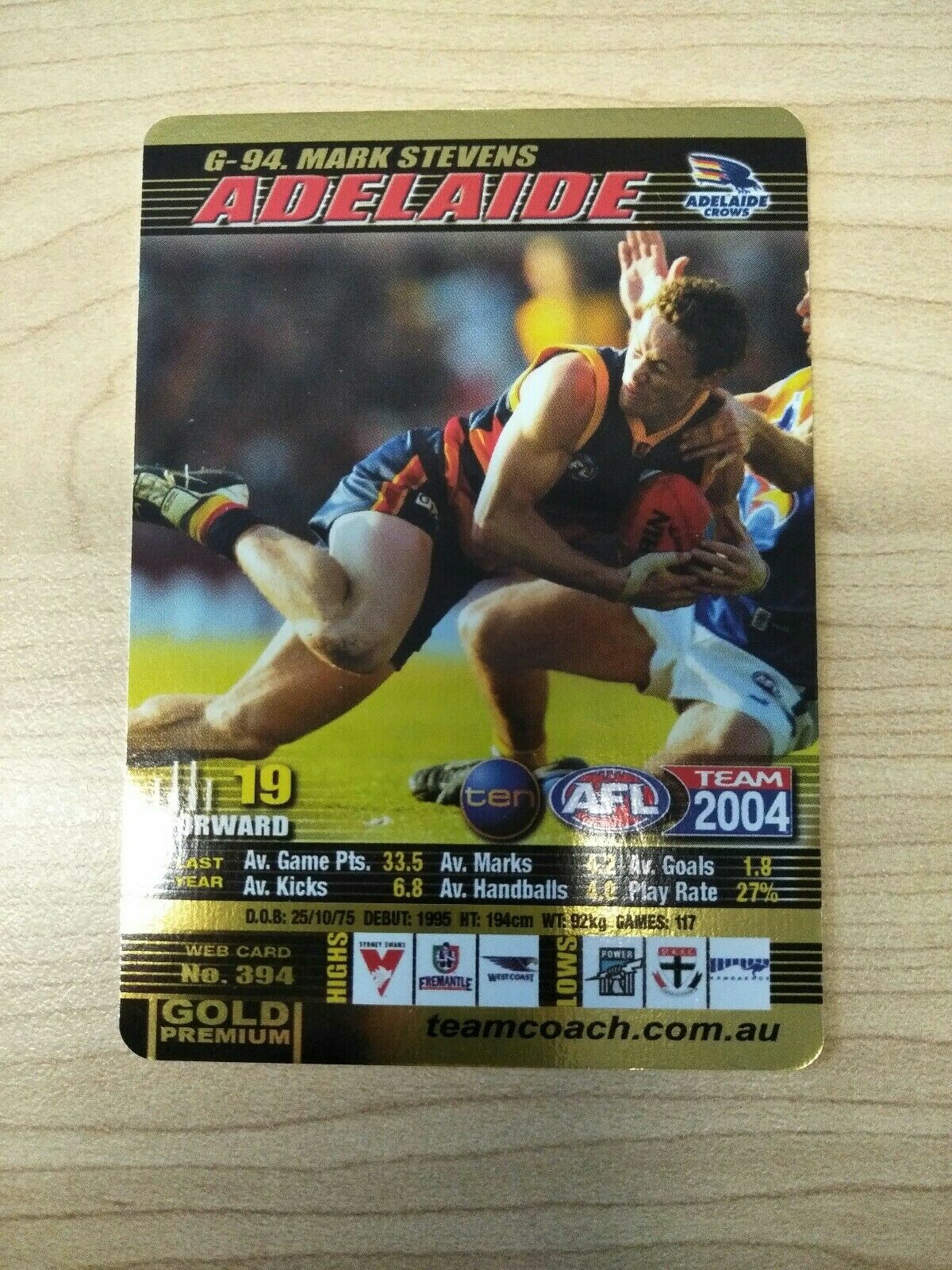 2004 Teamcoach Gold Premium Prize Card Mark Stevens Adelaide