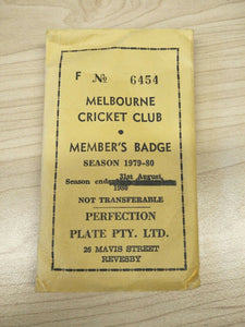 Cricket 1979-80 Season MCC Melbourne Cricket Club Members Badge No. 6454 in Original Packaging