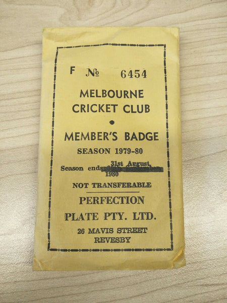 Cricket 1979-80 Season MCC Melbourne Cricket Club Members Badge No. 6454 in Original Packaging