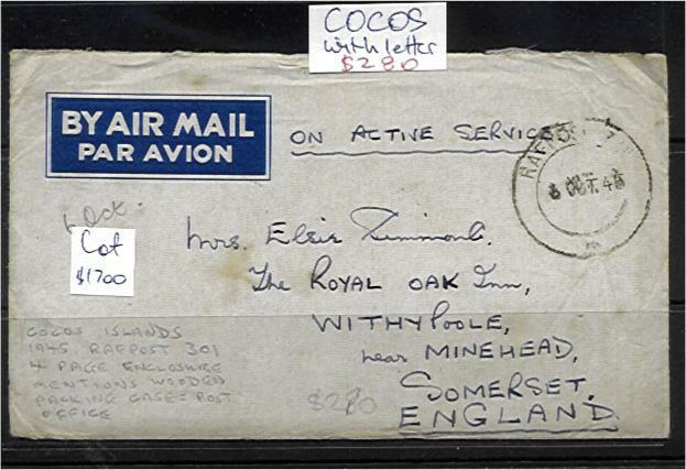 Cocos Keeling Islands to GB RAFPOST 301 Air mail envelope with 4 page enclosure