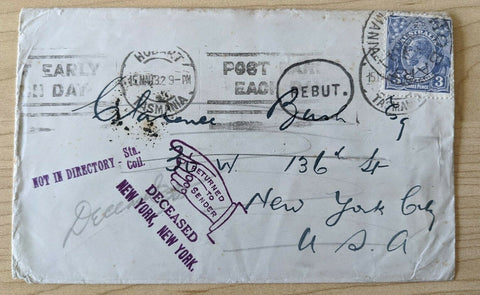 Hobart Australia to New York City USA returned to sender Cover with KGV 3d