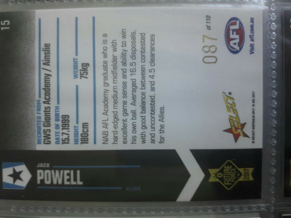 2017 Future Force GWS GIANTS JACK POWELL # 87/110 ROOKIE CARD AFL