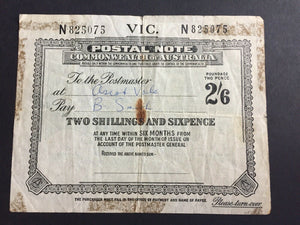 Australia Victoria 2/6 Postal Note bank note postal stationery