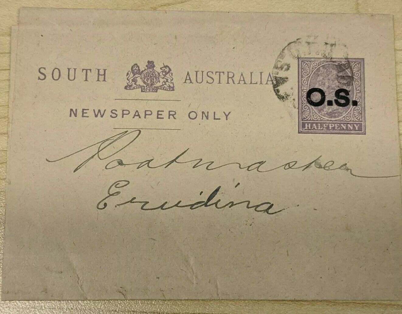 SA South Australia Half Penny Newspaper Wrapper overprinted OS used to Erudina