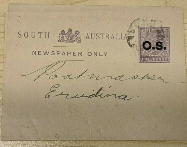 SA South Australia Half Penny Newspaper Wrapper overprinted OS used to Erudina