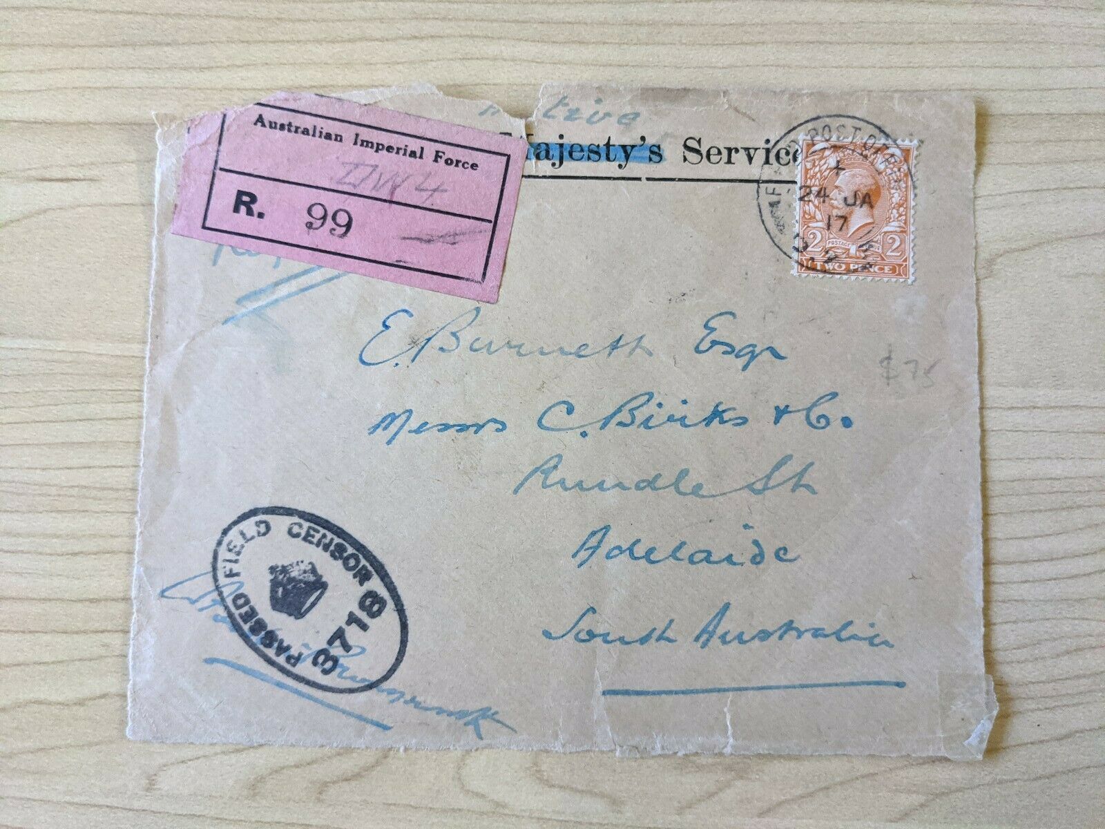 GB, Australia, WWI Military AIF Mail, registered and censored to Adelaide