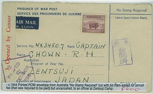 Australia - Japan POW postal stationery envelope with 5d ram to pay airmail