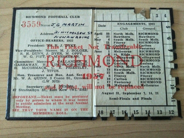 VFL 1957 Richmond Football Club Membership Season Ticket No. 3559