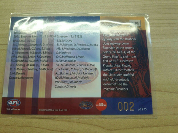 2020 Select Dominance 2001 Premiership Card of Brisbane Lions Low No. 002 of 275