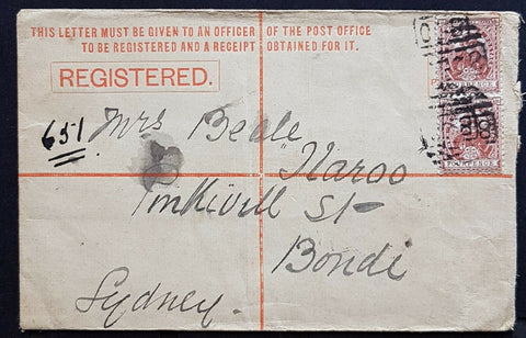 NSW - 4d Captain Cook pair on Registered Envelope HG8 Edgecliff to Bondi