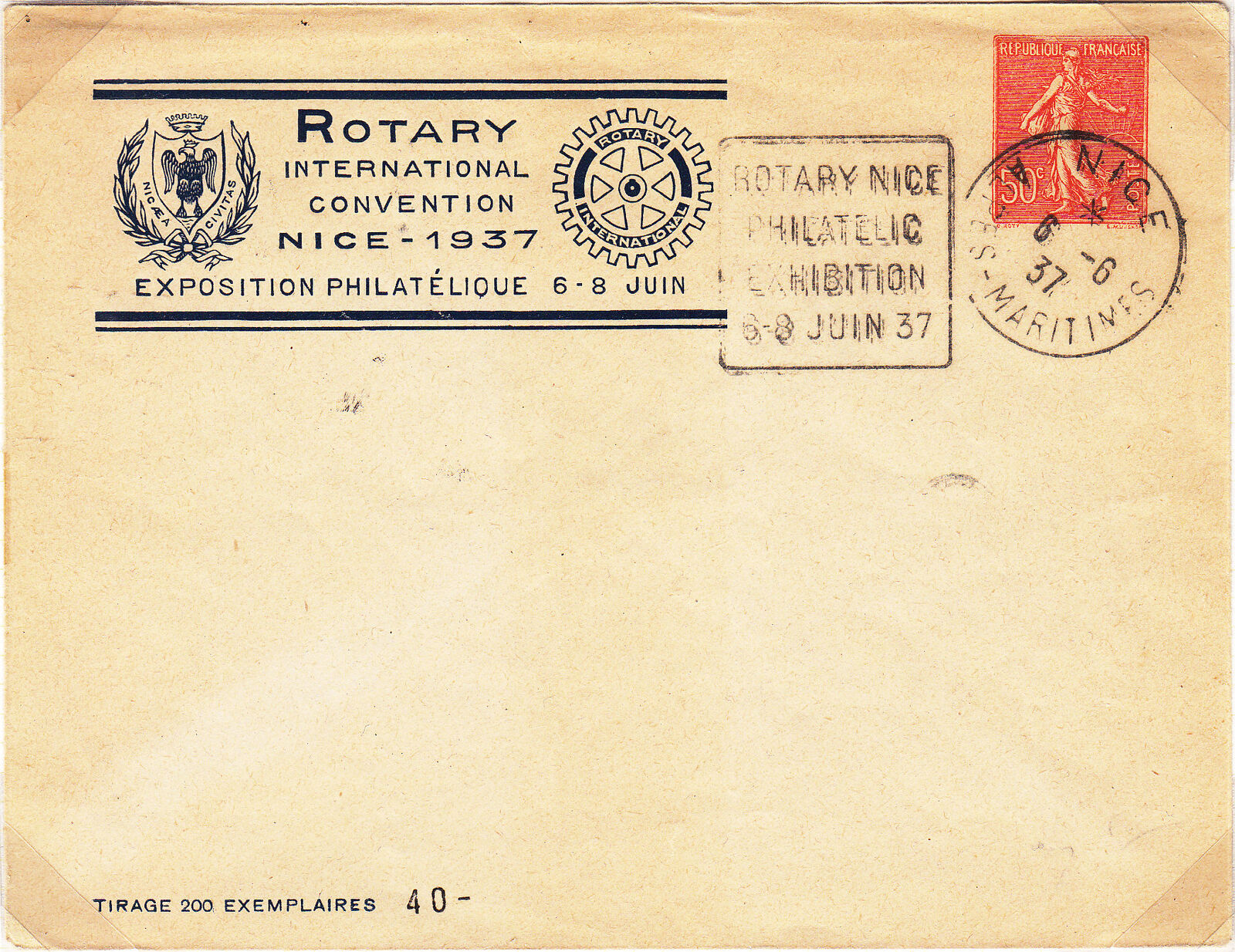 France Prestamped envelope with cachet for the 1937 Rotary Convention in Nice.