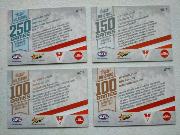 2020 Select Footy Stars Milestones Sydney Team Set x 4 Cards