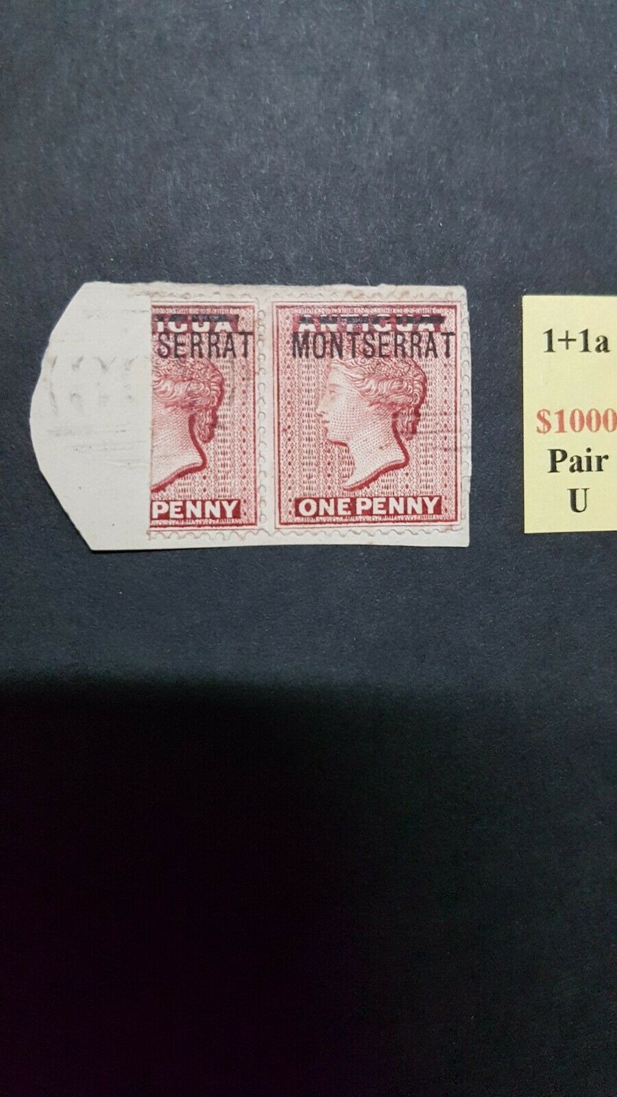 Montserrat West Indies Caribbean Queen Victoria SG 1 + 1a 1d red + bisected (½d)