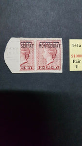 Montserrat West Indies Caribbean Queen Victoria SG 1 + 1a 1d red + bisected (½d)