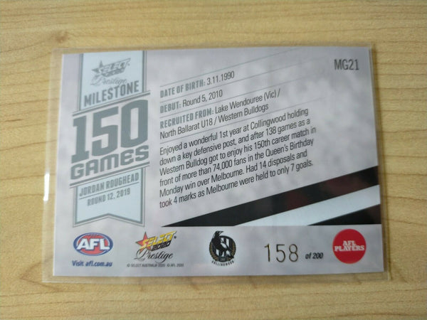 2020 Select Prestige Milestones Jordan Roughead Collingwood No. 158/200