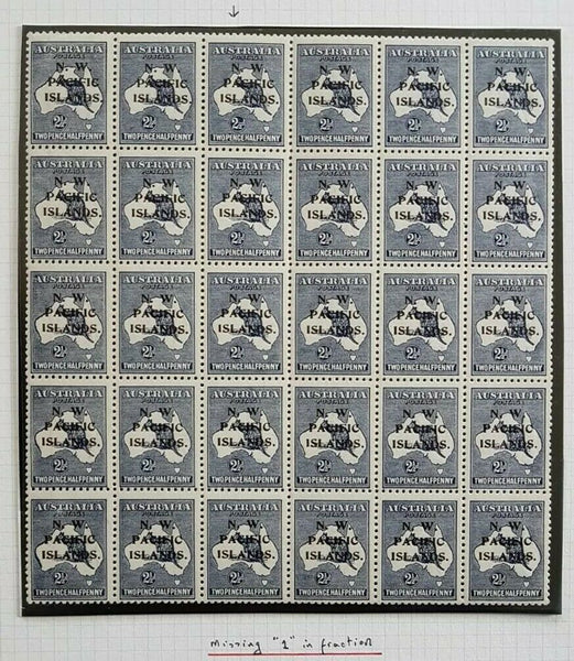 NWPI New Guinea Australia 2½d Kangaroo Pane of 30 with rare missing fraction mlh