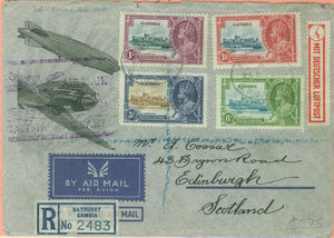 Gambia - Scotland SG143-6 Silver Jubilee registered airmail. Zeppelins planes