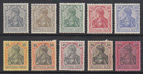Germany SG 67-76 1902 Deutsches Reich Germania short set to 80pf MH
