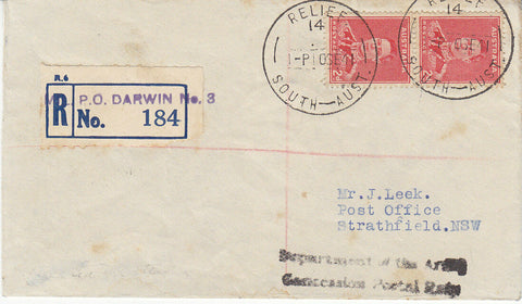 Australia 1941 2d Red KGVI Coil pair on concession mail registered Darwin - NSW