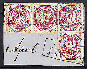 Prussia German States Michel 19  3 Pf pink X 4 on piece Used